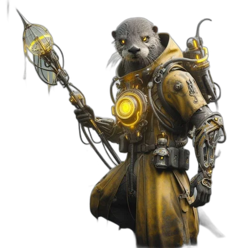robot, staff, weapon, creature, concept art, fantasy art, 3d render, cyberpunk transparent PNG cut-out