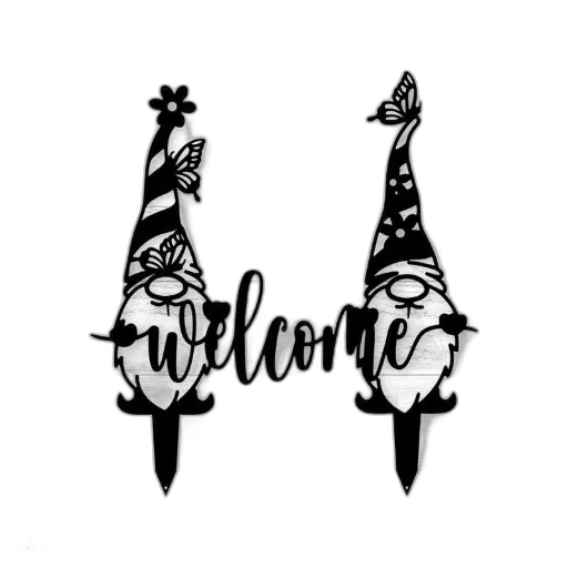 black, metal, welcome, sign, featuring, two, gnomes, butterfly transparent PNG cut-out