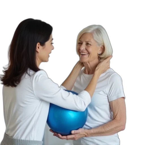 staff, woman, dark, hair, holding, blue, exercise, ball transparent PNG cut-out