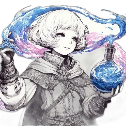 staff, bottle, weapon, mask, watercolor, fantasy art, concept art, anime transparent PNG cut-out