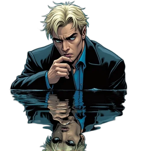 jacket, staff, comic book art, concept art, cartoon, underwater, cover, hellblazer transparent PNG cut-out