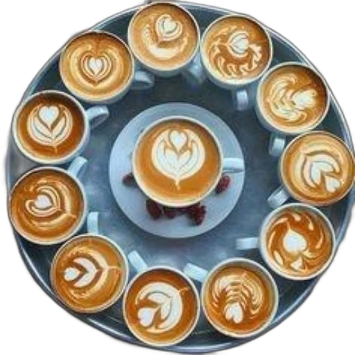 food, staff, crown, photorealistic, 3d render, tray, cappuccinos, latte transparent PNG cut-out