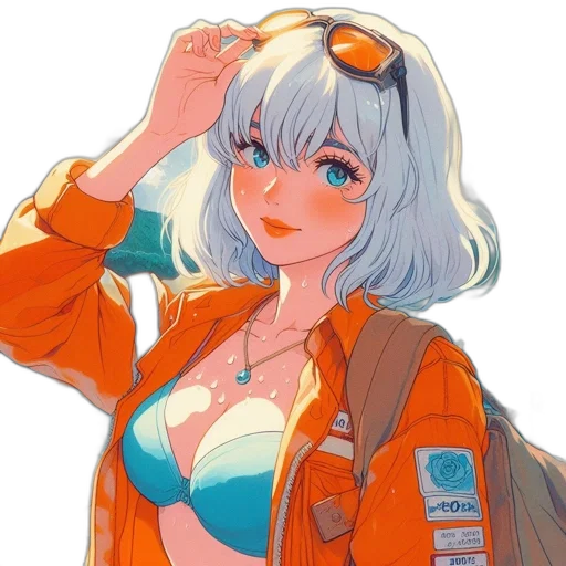 jacket, robot, staff, dress, anime, concept art, cartoon, vaporwave transparent PNG cut-out