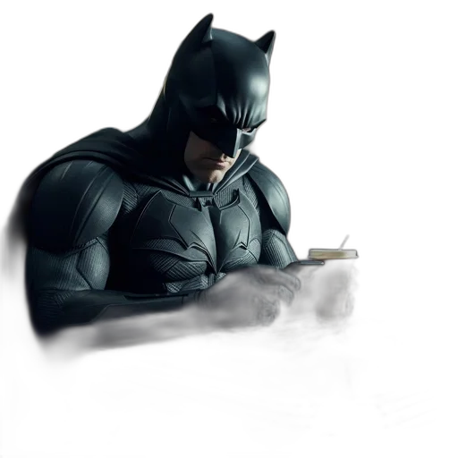 comic book art, concept art, photorealistic, fantasy art, dark, diner, batman, sits transparent PNG cut-out