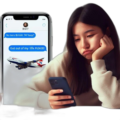 concept art, young, woman, visibly, distressed, looks, her, phone transparent PNG cut-out