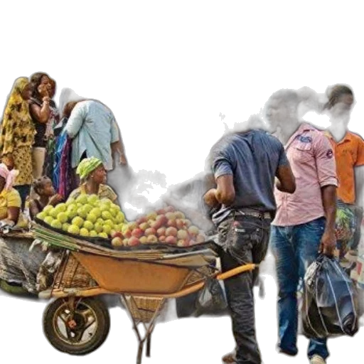 photorealistic, bustling, market, scene, nigeria, people, fruit, stalls transparent PNG cut-out