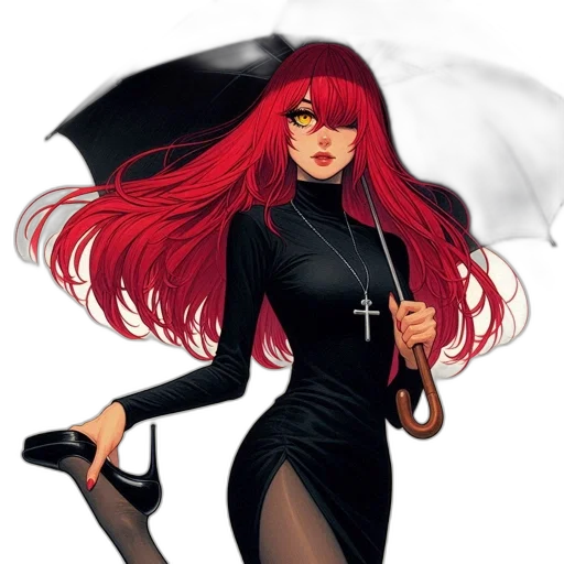 umbrella, dress, staff, concept art, fantasy art, comic book art, anime, rain transparent PNG cut-out