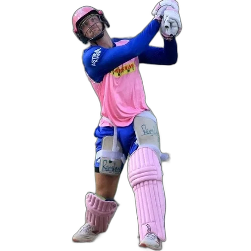 cricket, player, pink, blue, uniform, shown, action, during transparent PNG cut-out