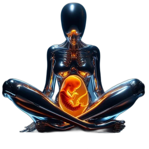 concept art, metallic, humanoid, figure, featuring, glowing, orb, containing transparent PNG cut-out