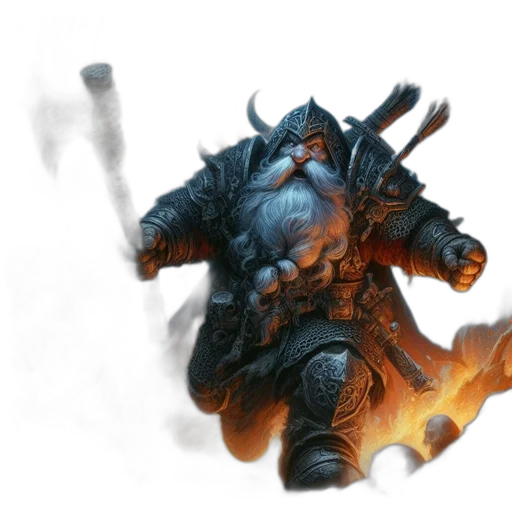 concept art, fantasy art, photorealistic, comic book art, fire, dark, stoic, dwarf transparent PNG cut-out