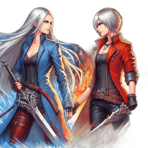 jacket, concept art, fantasy art, comic book art, anime, fire, red, blue transparent PNG cut-out