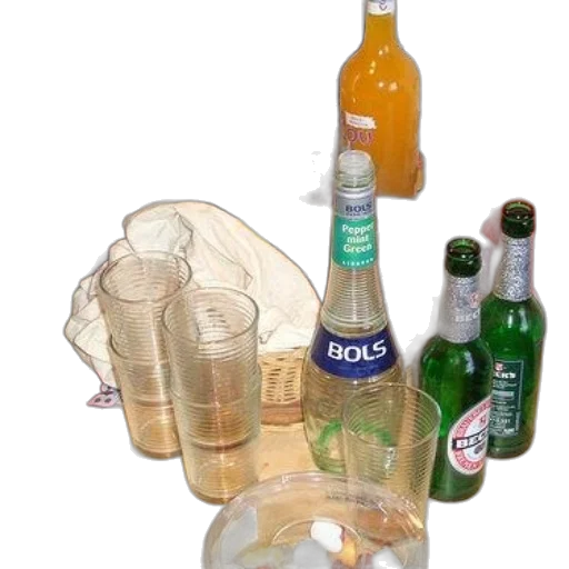 bottle, food, crown, jacket, 3d render, photorealistic, table, empty transparent PNG cut-out