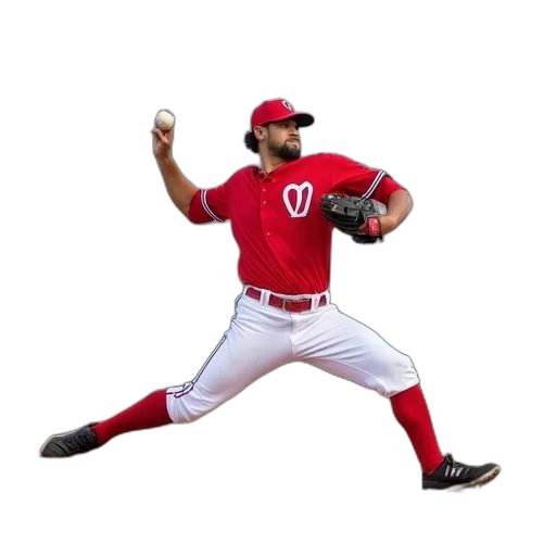 baseball, player, red, uniform, pitching, ball, field, wearing transparent PNG cut-out