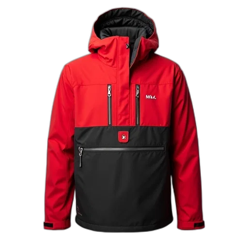 jacket, red, black, winter, hood, apron, trim, displayed transparent PNG cut-out