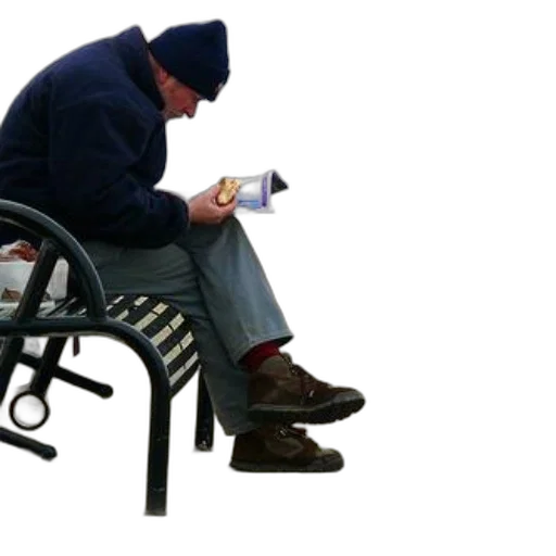 furniture, staff, man, blue, jacket, hat, sits, bench transparent PNG cut-out