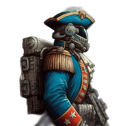 robot, staff, weapon, jacket, concept art, fantasy art, photorealistic, eighteenth-century-styled transparent PNG cut-out