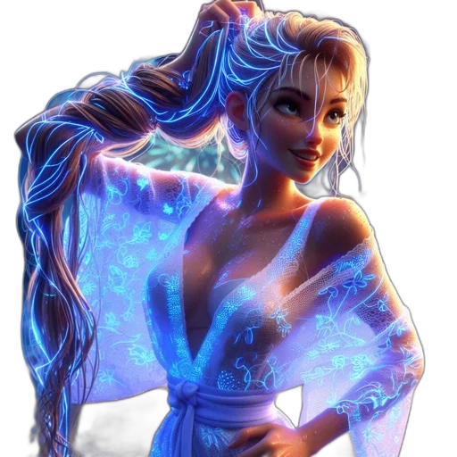 dress, fantasy art, concept art, 3d render, comic book art, neon lights, blue, female transparent PNG cut-out