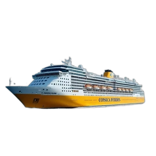 photorealistic, large, cruise, ship, yellow, white, color, scheme transparent PNG cut-out