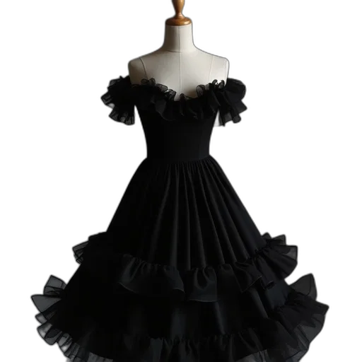 dress, 3d render, dark, black, ruffle transparent PNG cut-out
