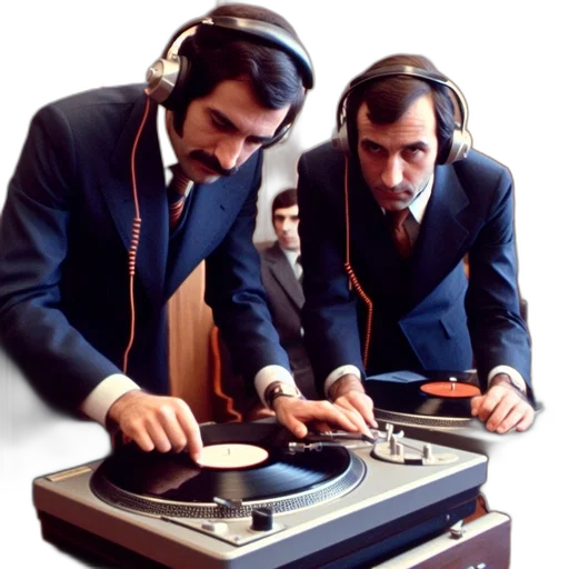 jacket, two, men, suits, operate, turntables, wood-paneled, room transparent PNG cut-out