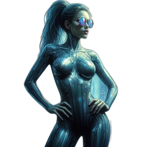 robot, dress, comic book art, concept art, fantasy art, cyberpunk, blue, woman transparent PNG cut-out