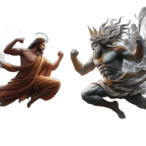 concept art, fantasy art, comic book art, 3d render, two, figures, clash, intense transparent PNG cut-out