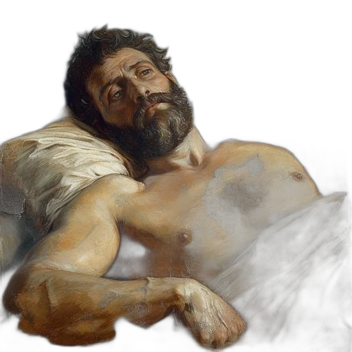 photorealistic, concept art, oil painting, fantasy art, fire, bearded, man, reclines transparent PNG cut-out