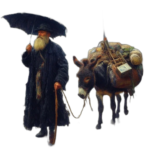 umbrella, hat, staff, animal, concept art, oil painting, fantasy art, photorealistic transparent PNG cut-out