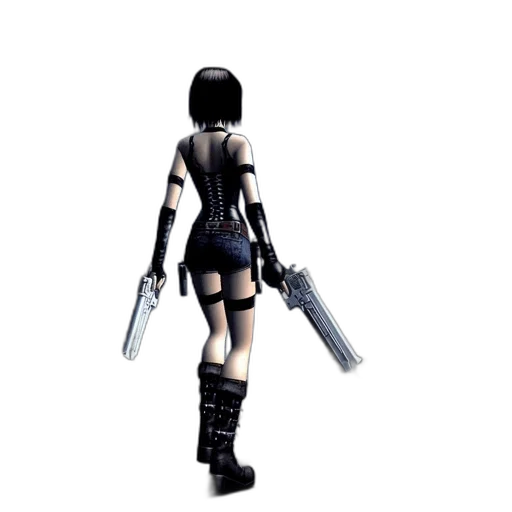 weapon, concept art, 3d render, pixel art, cyberpunk, female, character, short transparent PNG cut-out