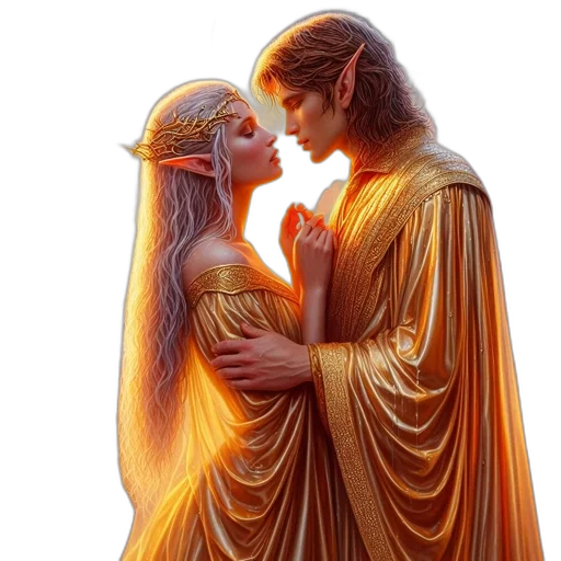fantasy art, concept art, photorealistic, fire, sunset, golden, two, elven-like transparent PNG cut-out