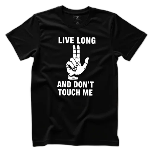 black, t-shirt, graphic, hand, giving, vulcan, salute, accompanied transparent PNG cut-out