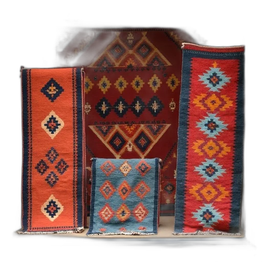 furniture, jewelry, jacket, several, different, colored, kilimi, rugs transparent PNG cut-out