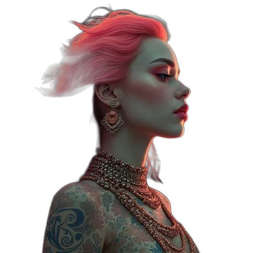 jewelry, face, crown, creature, fantasy art, cyberpunk, concept art, photorealistic transparent PNG cut-out