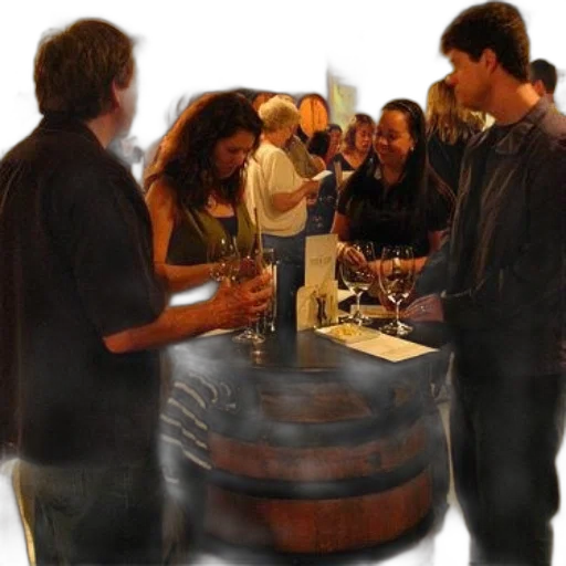 group, people, gather, around, barrel, table, wine, tasting transparent PNG cut-out