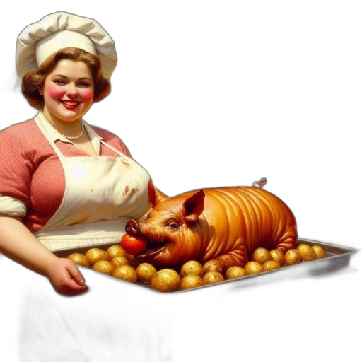 food, photorealistic, 3d render, concept art, woman, vintage, chef, attire transparent PNG cut-out