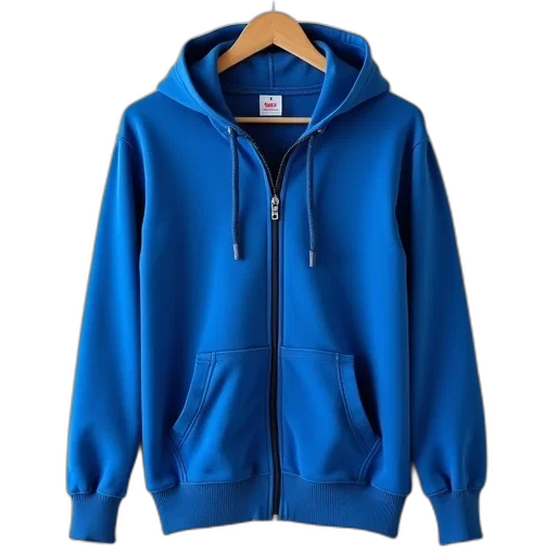 jacket, blue, hoodie, zipper, hood, displayed, hanger, has transparent PNG cut-out