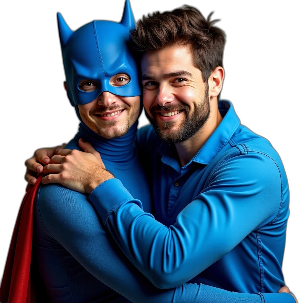 mask, person, dressed, blue, superhero, costume, hugging, man transparent PNG cut-out