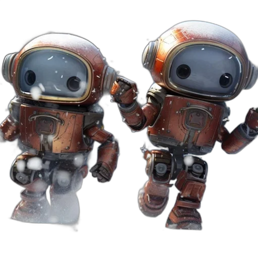 robot, concept art, 3d render, outer space, two, snow-covered, robots, metallic transparent PNG cut-out