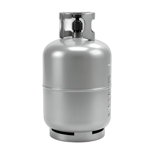 bottle, 3d render, silver, propane, tank, black, valve, white transparent PNG cut-out