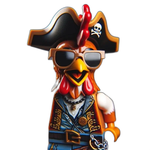 jacket, 3d render, lego, pirate-rooster, figure, wears, sunglasses, vest transparent PNG cut-out
