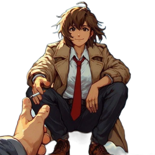 jacket, staff, weapon, concept art, pixel art, anime, comic book art, earth tones transparent PNG cut-out