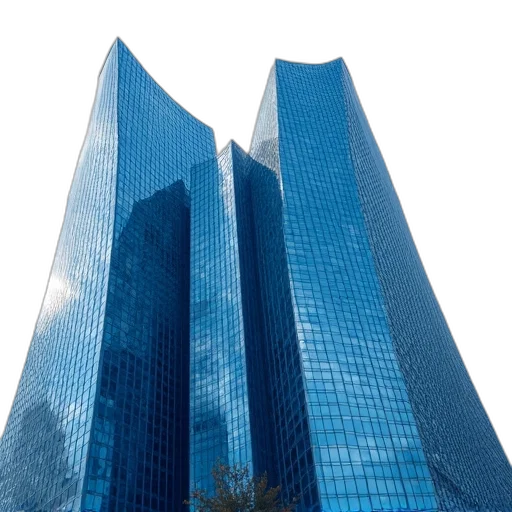 building, 3d render, photorealistic, concept art, blue, tree, towers, front transparent PNG cut-out