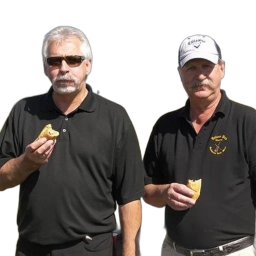 food, two, men, black, shirts, eating, pastries, outdoors transparent PNG cut-out