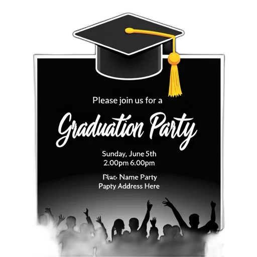graduation, party, invitation, black, background, white, border, features transparent PNG cut-out