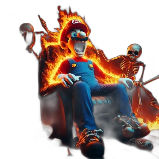 concept art, 3d render, fantasy art, comic book art, fire, mario-like, figure, seated transparent PNG cut-out
