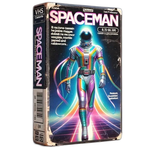 concept art, comic book art, outer space, vintage, vhs, tape, labeled, spaceman transparent PNG cut-out