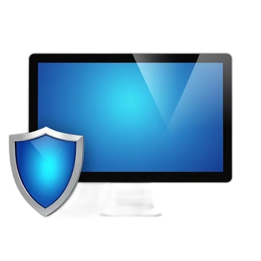 computer, monitor, blue, screen, silver, shield, icon, bottom transparent PNG cut-out