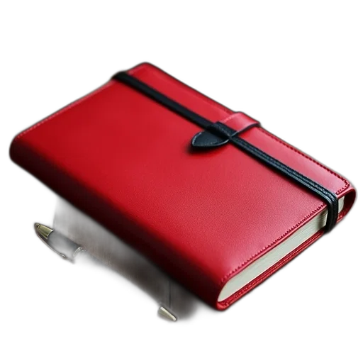 weapon, 3d render, red, leather-bound, notebook, black, strap, closure transparent PNG cut-out