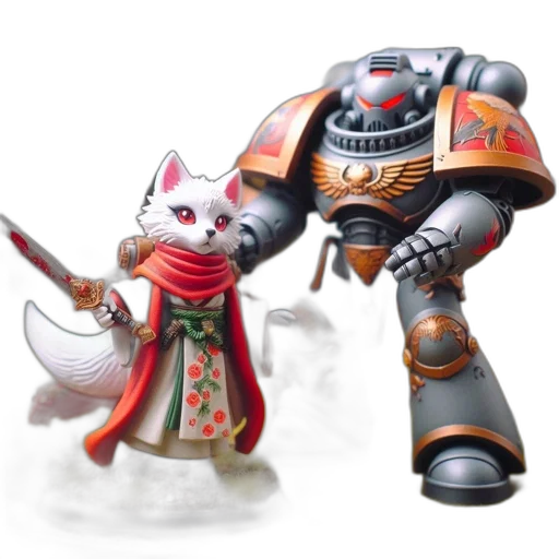 robot, concept art, fantasy art, 3d render, white, fox-like, character, sword transparent PNG cut-out