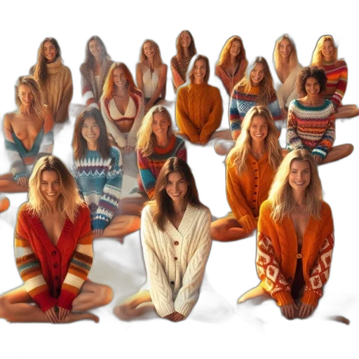 dress, concept art, photorealistic, group, women, colorful, knitted, sweaters transparent PNG cut-out